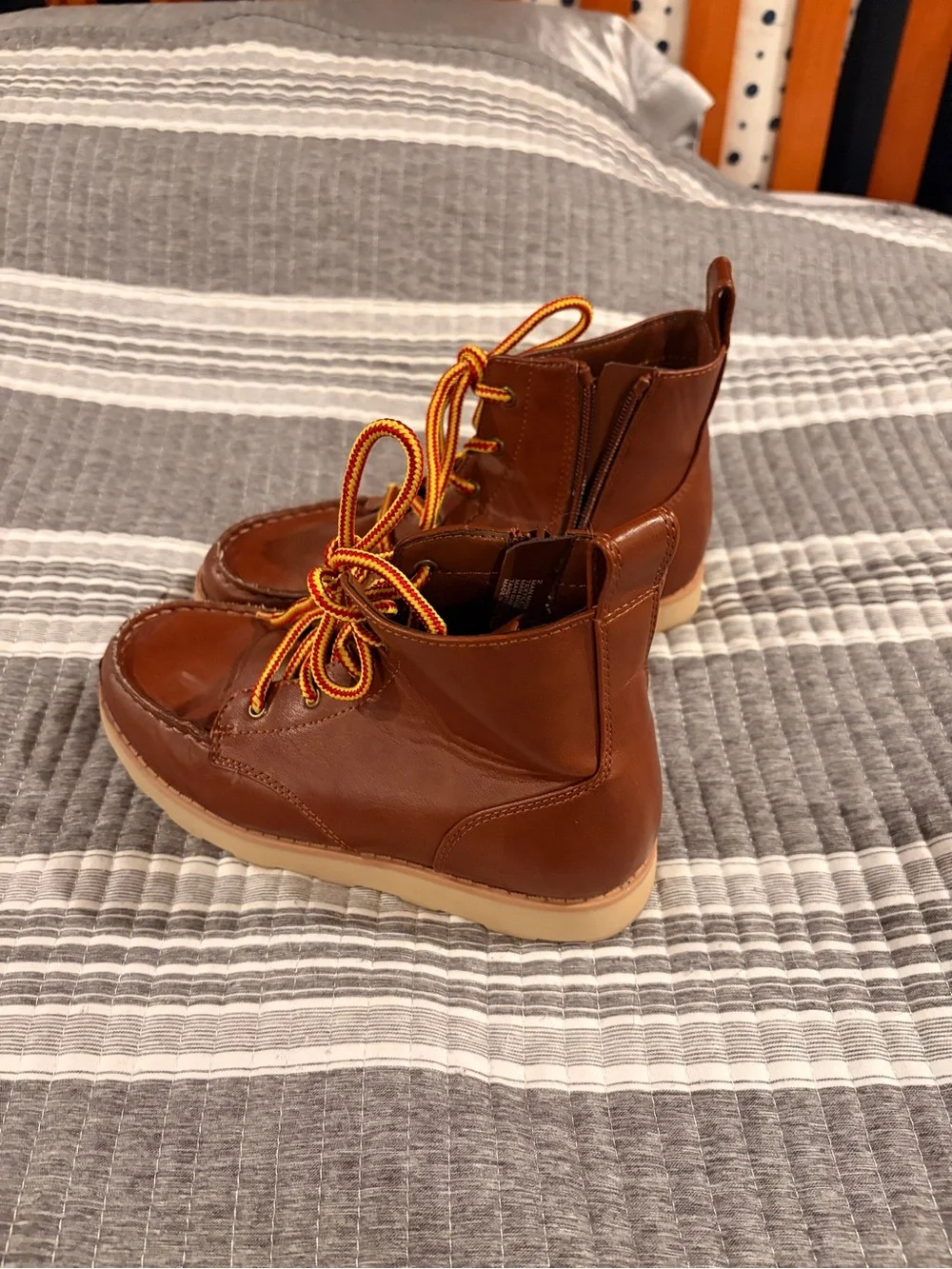 Cat & Jack Brown Size 2 Leather Kids' Boots with Yellow-Red Laces